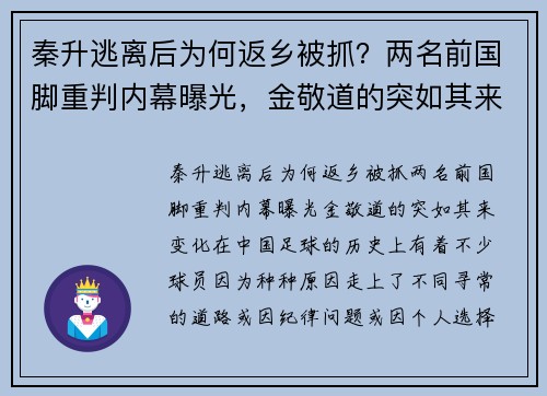 秦升逃离后为何返乡被抓？两名前国脚重判内幕曝光，金敬道的突如其来变化