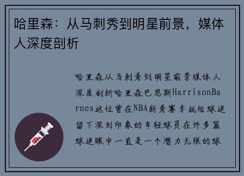 哈里森：从马刺秀到明星前景，媒体人深度剖析