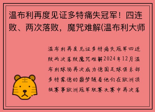 温布利再度见证多特痛失冠军!四连败、两次落败,魔咒难解(温布利大师赛)
