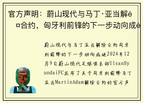 官方声明：蔚山现代与马丁·亚当解除合约，匈牙利前锋的下一步动向成谜