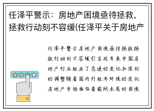 任泽平警示:房地产困境亟待拯救,拯救行动刻不容缓(任泽平关于房地产)