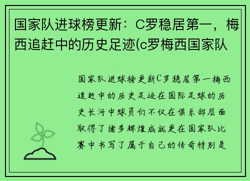 国家队进球榜更新:C罗稳居第一,梅西追赶中的历史足迹(c罗梅西国家队进球数)