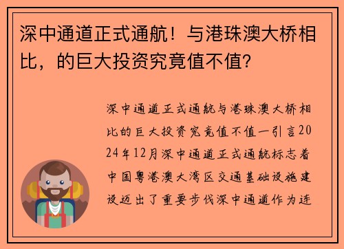 深中通道正式通航!与港珠澳大桥相比,的巨大投资究竟值不值?