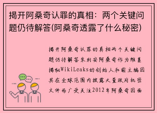 揭开阿桑奇认罪的真相：两个关键问题仍待解答(阿桑奇透露了什么秘密)