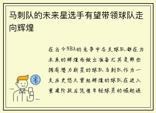 马刺队的未来星选手有望带领球队走向辉煌